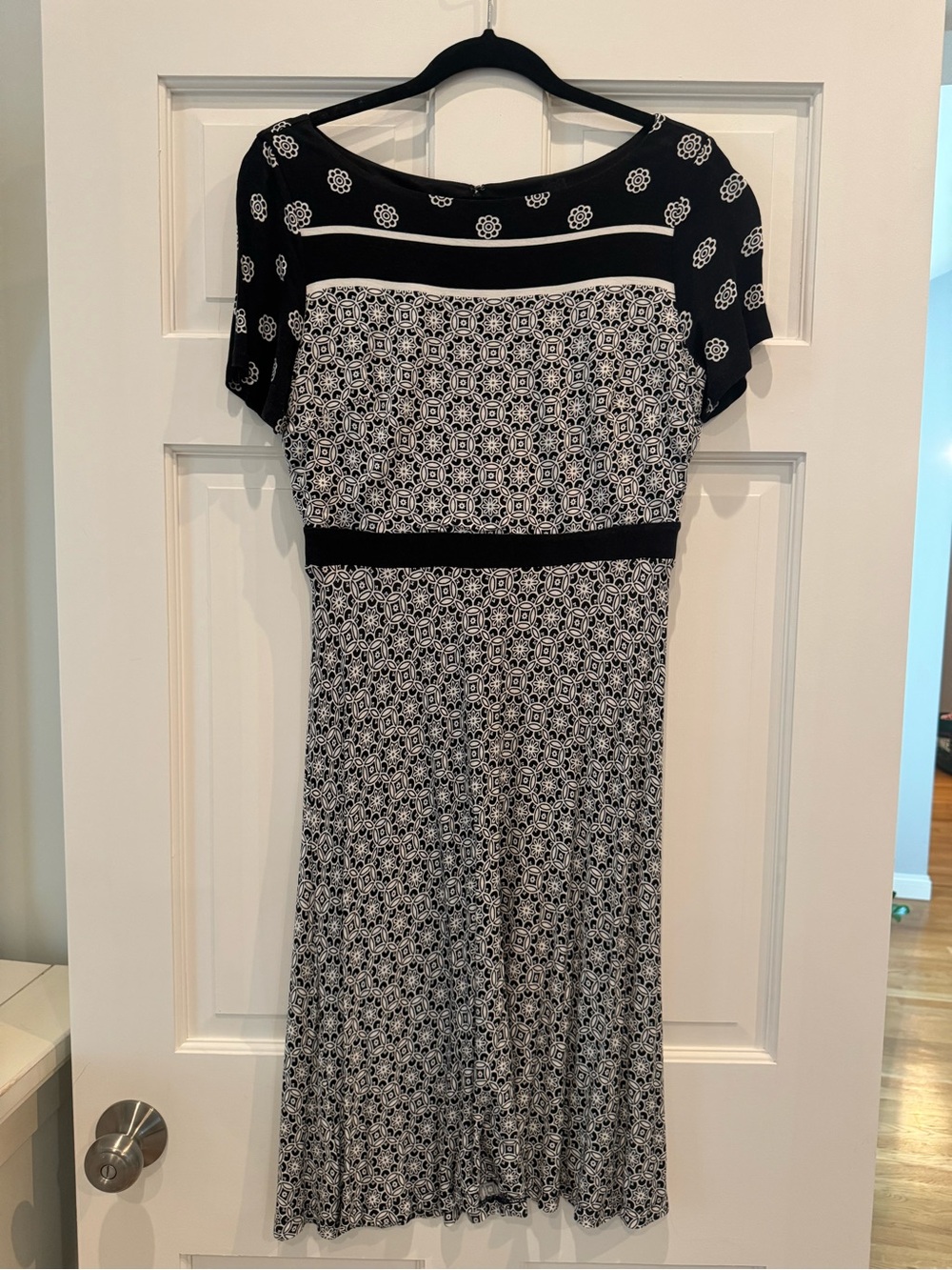 LOFT Black and White Midi Dress with Geometric Print